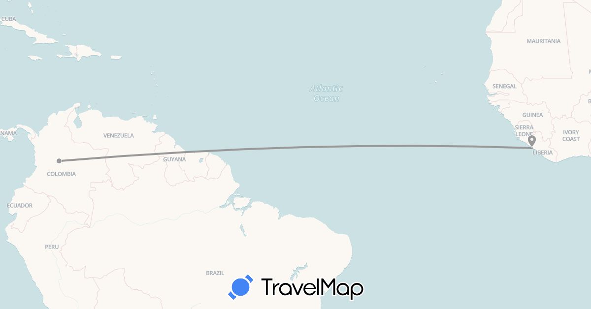 TravelMap itinerary: driving, plane in Colombia, Liberia (Africa, South America)